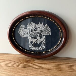 Vintage Oval Framed Bobbin Lace Art Brugge Horse Drawn Carriage